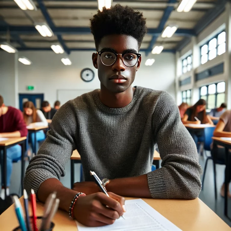 DALL·E 2024-10-16 11.46.48 - A black student sitting at a desk, focused and writing an exam in a quiet exam hall. The student looks calm and composed, with pens, pencils, and pape