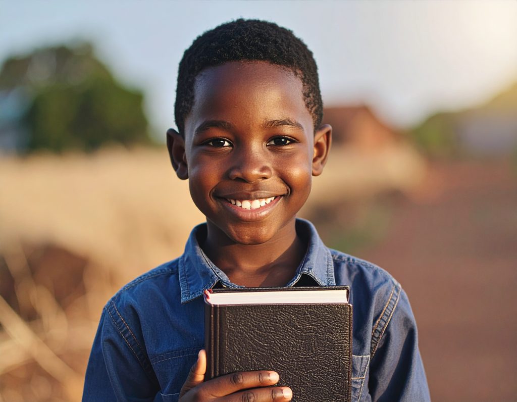 Young boy holding his new bible